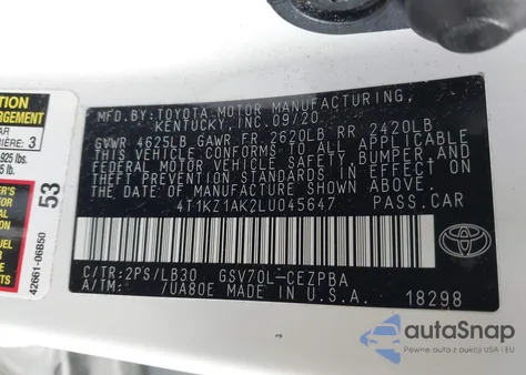2020 Toyota Camry Xse V6 from USA, damaged, VIN 4T1KZ1AK2LU045647